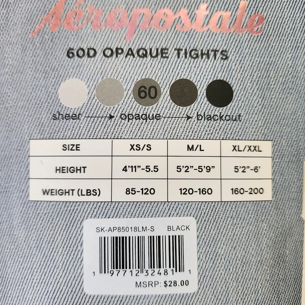 Aeropostale Black Opaque Tights Medium Large 2 Pair 60 Denier
